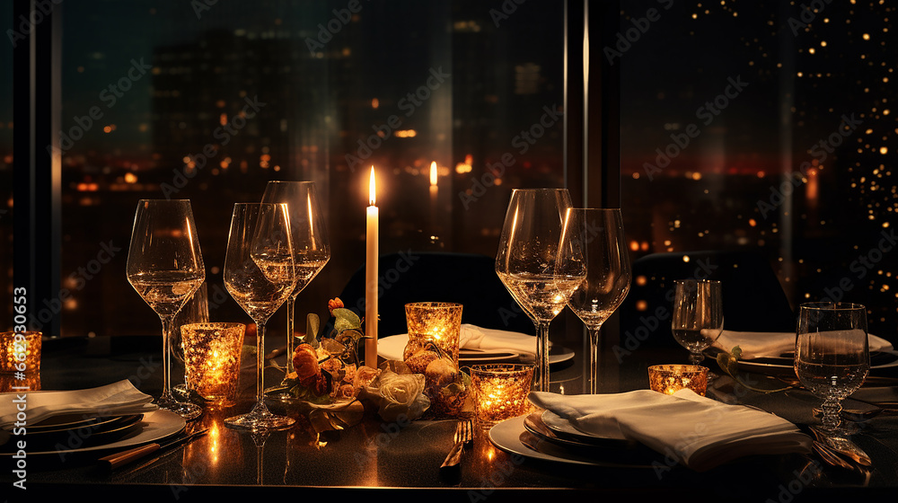 
jantar moderno à luz de velas com taças de champanhe - obrazy, fototapety, plakaty 