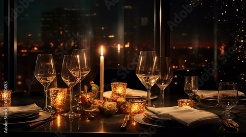 
jantar moderno à luz de velas com taças de champanhe photo