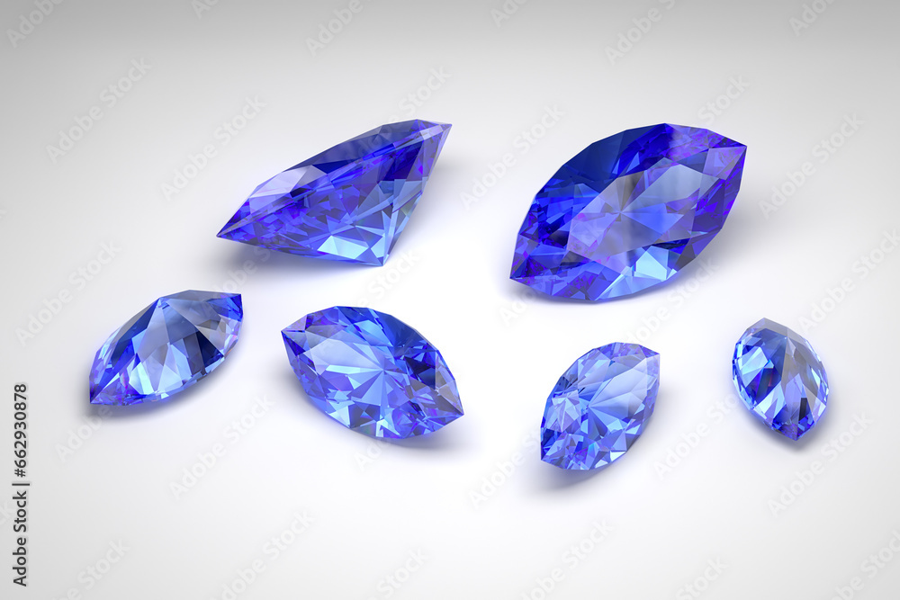 Scattering of blue sapphires of different sizes on a white background. Exhibition of precious stones. Marquise cut. 3d rendering.