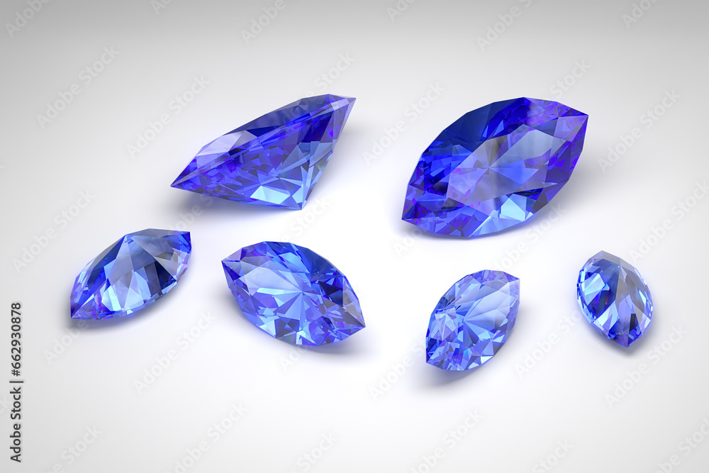 Scattering of blue sapphires of different sizes on a white background. Exhibition of precious stones. Marquise cut. 3d rendering. Scattering of blue sapphires of different sizes on a white background. Exhibition of precious stones. Marquise cut. 3d rendering.