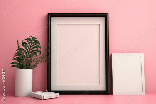 Blank frame mockup on pink wall. Generative AI