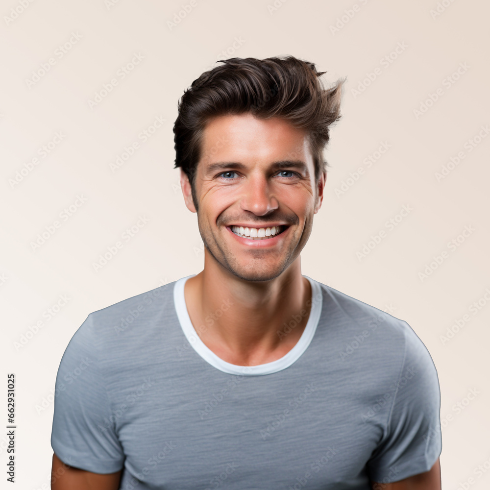 A closeup photo portrait of a beautiful young caucasian male American model man smiling with bright white clean teeth, used for a dental ad, dentist advertisement, isolated on gradient background