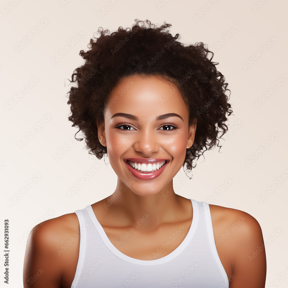 A closeup photo portrait of a beautiful young African American model woman smiling with bright white clean teeth, used for a dental ad, dentist advertisement, isolated on gradient background, isolated A closeup photo portrait of a beautiful young African American model woman smiling with bright white clean teeth, used for a dental ad, dentist advertisement, isolated on gradient background, isolated