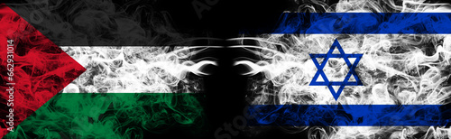 Israeli and Palestinian flag in smoke on BLACK background. Concept of conflict of Israel VS Palestine. International tensions and war in Gaza Strip. 3D illustration