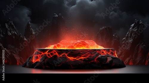 Podium lava rocks smelt on volcano with magma and lava erupt. stage for product display, blank showcase, mock up template presentation