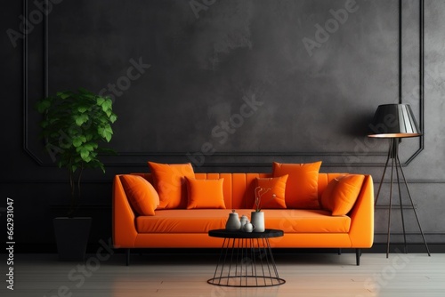 Distinctive Black wall orange sofa. Wall plant. Generate Ai photo