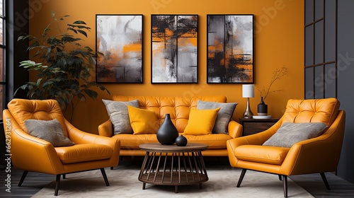 Modernes gelbes Wohnzimmer: Stilvoller Sessel, Sofa und Kunstwerke
