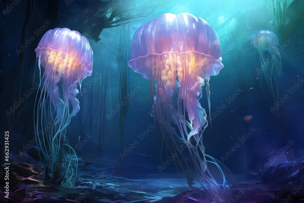 Luminescent jellyfish guardians, illuminating the depths of the ocean with their glow - Generative AI - obrazy, fototapety, plakaty 