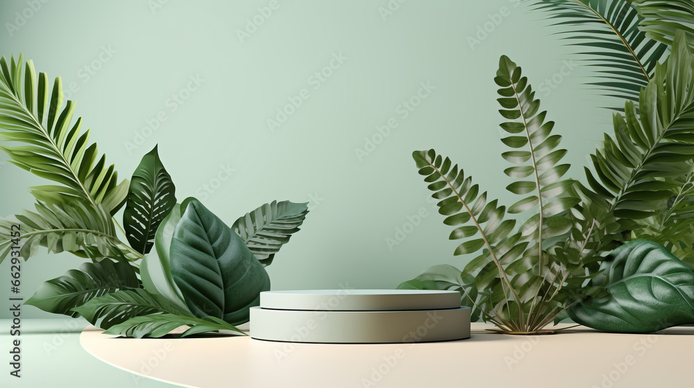 Product display podium with nature leaves, Background for cosmetic product branding, identity and packaging Product display podium with nature leaves, Background for cosmetic product branding, identity and packaging