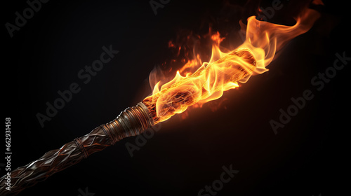 Burning torch, fiery dance, engraved handle, stark contrast.