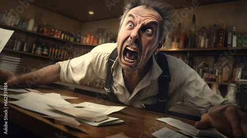 Animated man, bar chaos with papers, intense emotion, vivid scene.