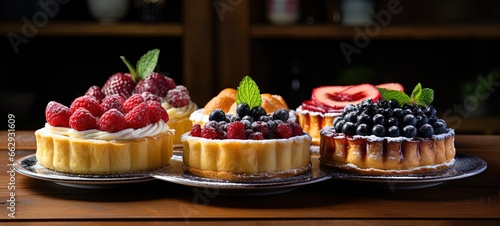 closeup fresh fruit tart with fresh fruit and cream cheese, strawberry, apricot, blueberry, raspberry, Generative Ai