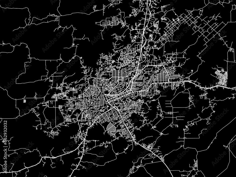 Vector road map of the city of  Pematangsiantar in Indonesia with white roads on a black background.