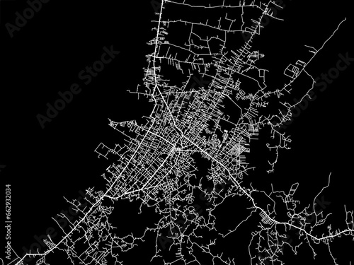 Vector road map of the city of Singkawang in Indonesia with white roads on a black background.
