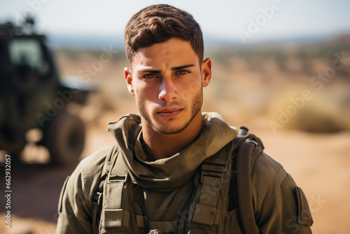 Young Israeli soldier, portrait. A handsome, courageous face, a concentrated look against a blurred background.Outdoors.Close-up. Generative AI. photo