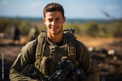 Young Israeli soldier, portrait. A handsome, courageous face, smiling, looking at camera. Holds a weapon in his hands. Blurred background outdoors.Close-up. Generative AI. © Irina Ermakova