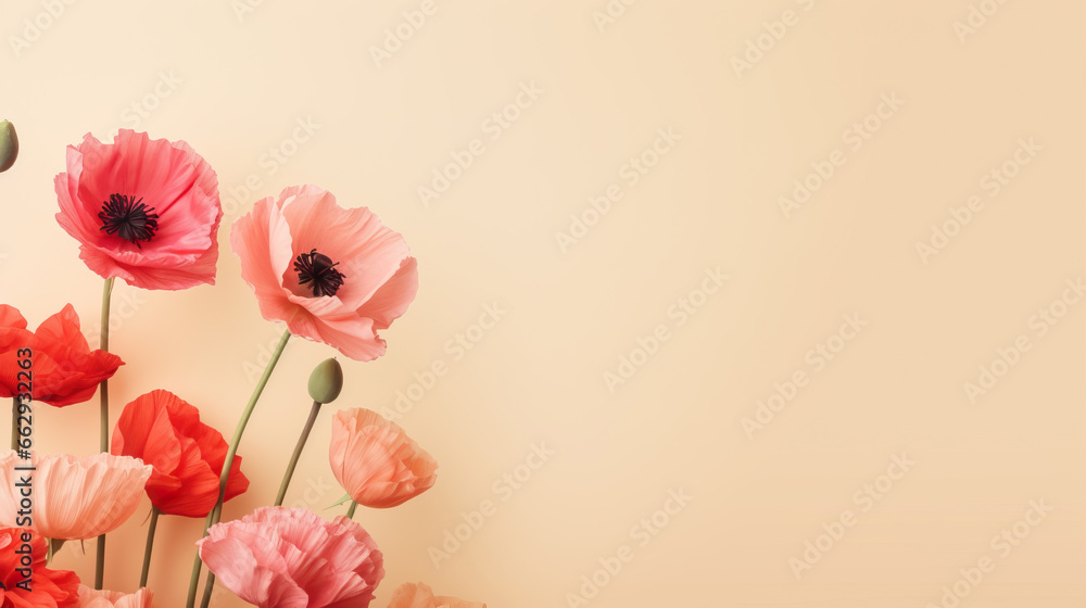 Red and pink poppies on a beige background with copy space