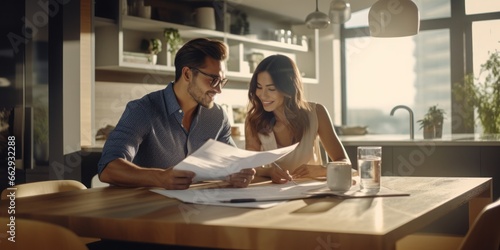 A Young Couple Engages with Paperwork in Their Modern Living Room, Tackling Pension, Life Planning, Insurance, Taxes, Security, and Housing Matters