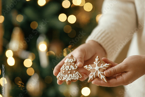 Hands holding christmas gingerbread cookies with icing against festive christmas tree with golden lights bokeh. Merry Christmas! Delicious gingerbread cookies, atmospheric holiday time