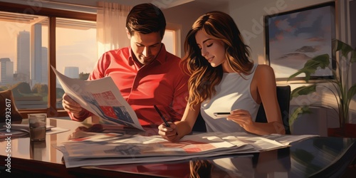 A Young Couple Engages with Paperwork in Their Modern Living Room, Tackling Pension, Life Planning, Insurance, Taxes, Security, and Housing Matters