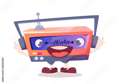 Portable retro audio receiver in the form of a humanized funny smiling character. Cartoon vector illustration isolated on white background