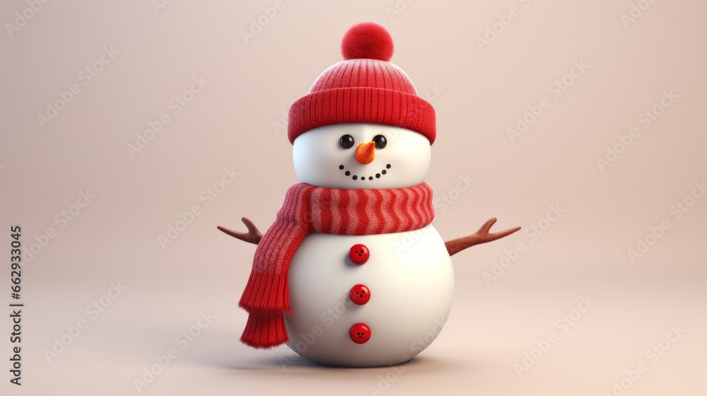 Winter holiday christmas banner illustration - Closeup of funny laughing snowman with red wool hat and scarf, isolated on beige background Winter holiday christmas banner illustration - Closeup of funny laughing snowman with red wool hat and scarf, isolated on beige background