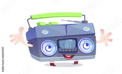 Retro radio receiver with cassette player in the form of a humanized funny smiling and waving character. Cartoon vector illustration isolated on white background