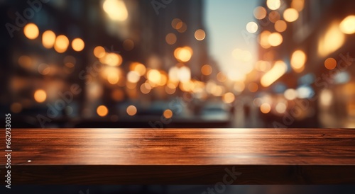 Empty wooden board table on blurred background. Perspective of a brown tree over blur in a cafe. Layout for product demonstration.