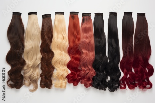 collection of hair extensions arranged in a row against a neutral background