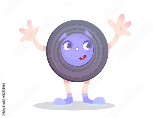 Retro Vinyl Record in the form of a humanized cute funny smiling and waving hands fictional character. Cartoon vector illustration isolated on white background