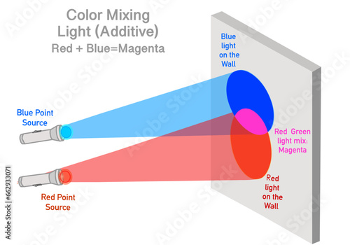 Blue red light color mixture. result magenta in white wall. Additive circles mix anatomy, example. Primary RGB blend. Transparency component lights, Vector illustration.	