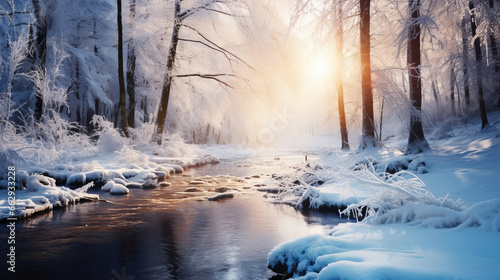 Winter landscape, river, forest, low winter sun. © Olga Gubskaya