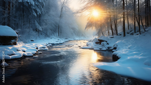 Winter landscape, river, forest, low winter sun. © Olga Gubskaya