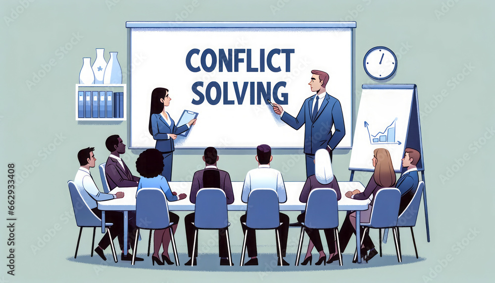 Illustration of a manager standing at a whiteboard with the text 'Conflict Solving', addressing a team of diverse members who appear to be in disagreement, with visible tension in the air.