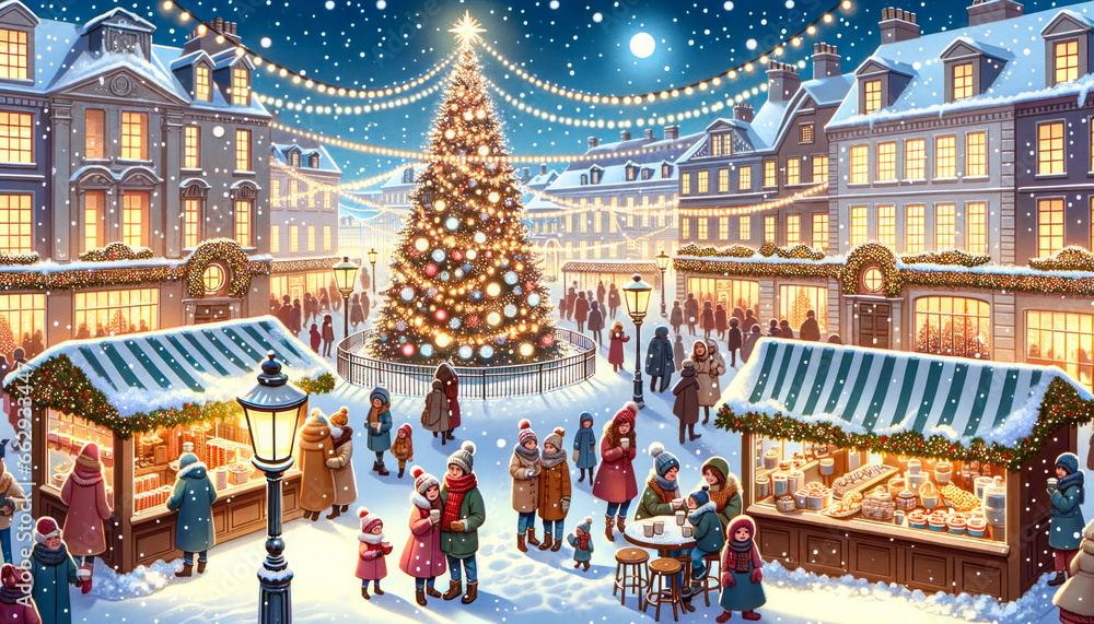 Illustration of a snowy town square during the festive period, with twinkling fairy lights, a large decorated tree, and families enjoying hot cocoa at outdoor stalls.
