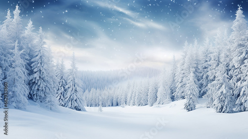 Queda de neve na floresta de inverno. Bela paisagem com abetos cobertos de neve e montes de neve. Fundo de saudação de feliz Natal e feliz ano novo com cópia