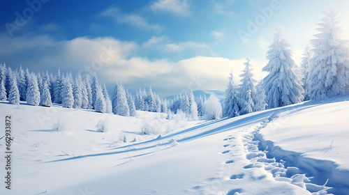 Queda de neve na floresta de inverno. Bela paisagem com abetos cobertos de neve e montes de neve. Fundo de saudação de feliz Natal e feliz ano novo com cópia © Alexandre