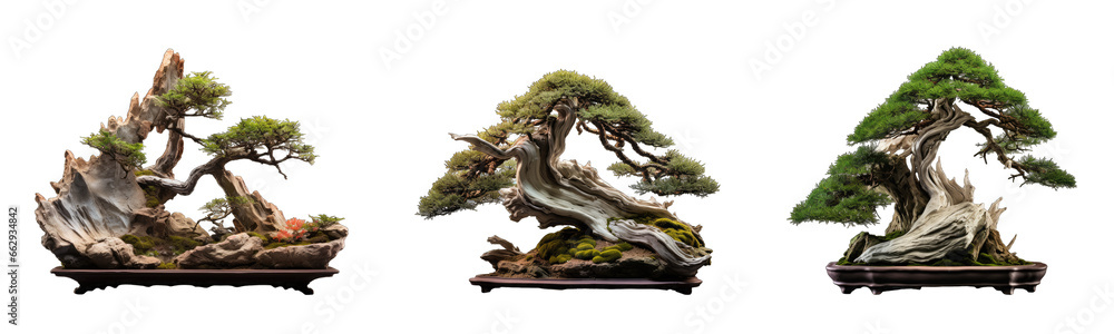 Collection of bonsai trees on transparent background, generative ai