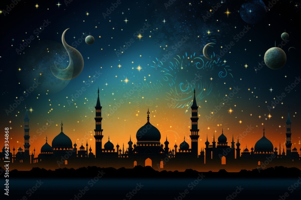 Diwali-themed background set against a moonlit sky - obrazy, fototapety, plakaty 