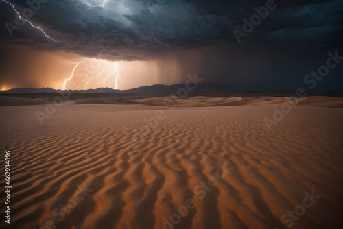 The desert sands are whipped into a frenzy by the raging storm above  as lightning strikes illuminate the darkened sky Generative Ai