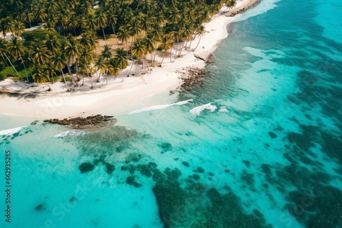 Captivating aerial view of breathtaking beach, turquoise ocean, and palm trees on Saona Island in the Dominican Republic. Generative AI