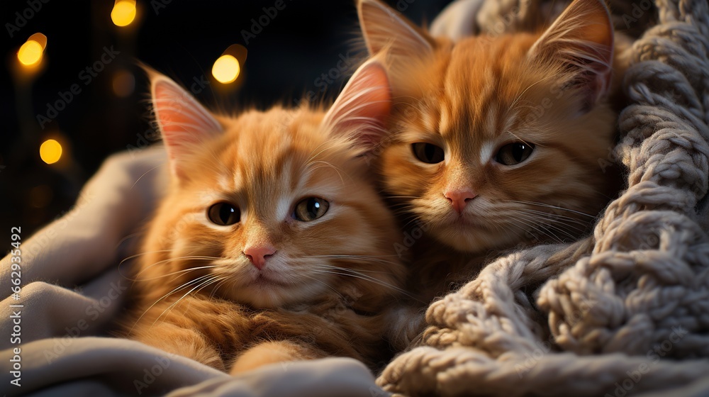  two orange kittens laying on a blanket with christmas lights in the background.  generative ai