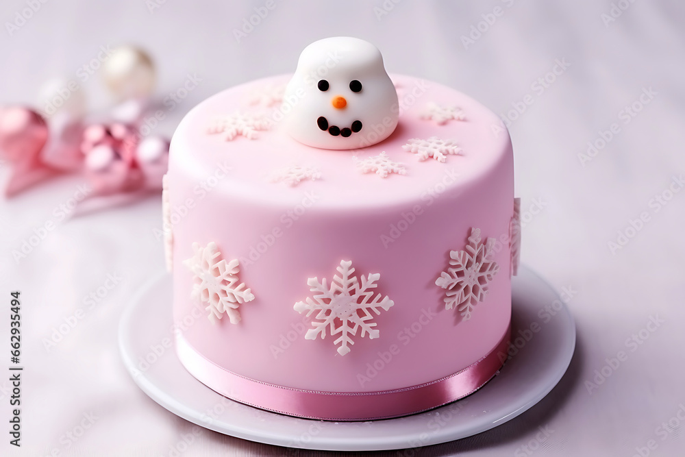 Christmas pink cake decorated with snowflakes and snowman