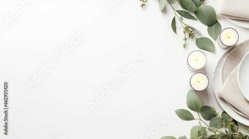 vista superior mesa minimalista branca e verde com eucalipto e velas, copie o espaço