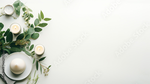 vista superior mesa minimalista branca e verde com eucalipto e velas  copie o espa  o