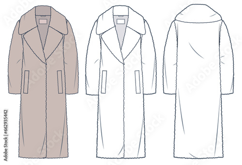 Faux Fur Coat technical fashion Illustration. Teddy Fur Coat fashion flat technical drawing template, midi length, pockets, front and back view, white, braun color, women, men, unisex CAD mockup set.