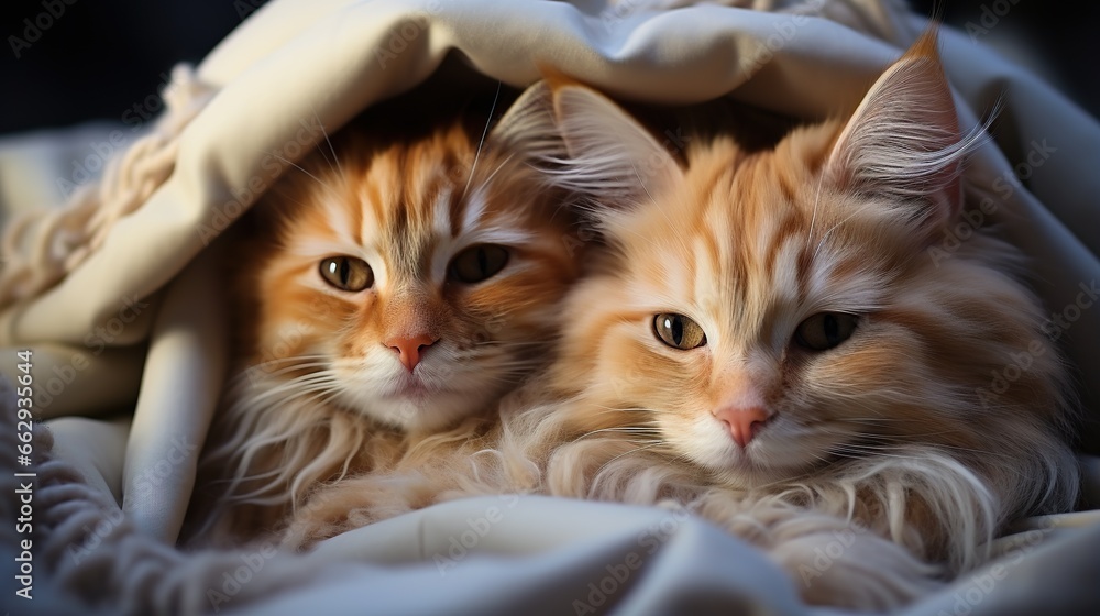  two orange kittens laying under a blanket under a blanket.  generative ai