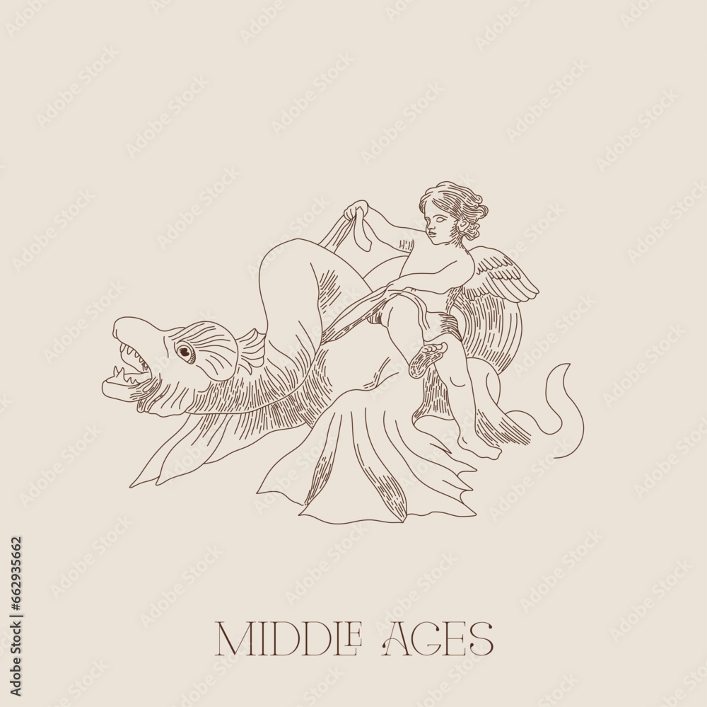Vector Sketch Logo Middle Ages Sketch Drawing Child Angel Valentine's Day 