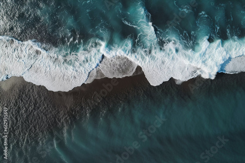 Aerial View of Turquoise Waves on Black Sand Beach
