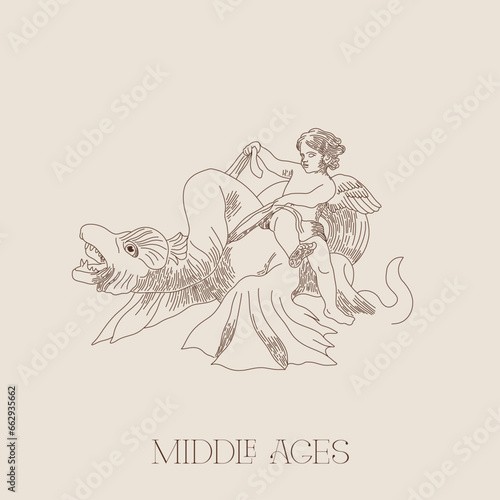 Vector Sketch Logo Middle Ages Sketch Drawing Child Angel Valentine's Day 